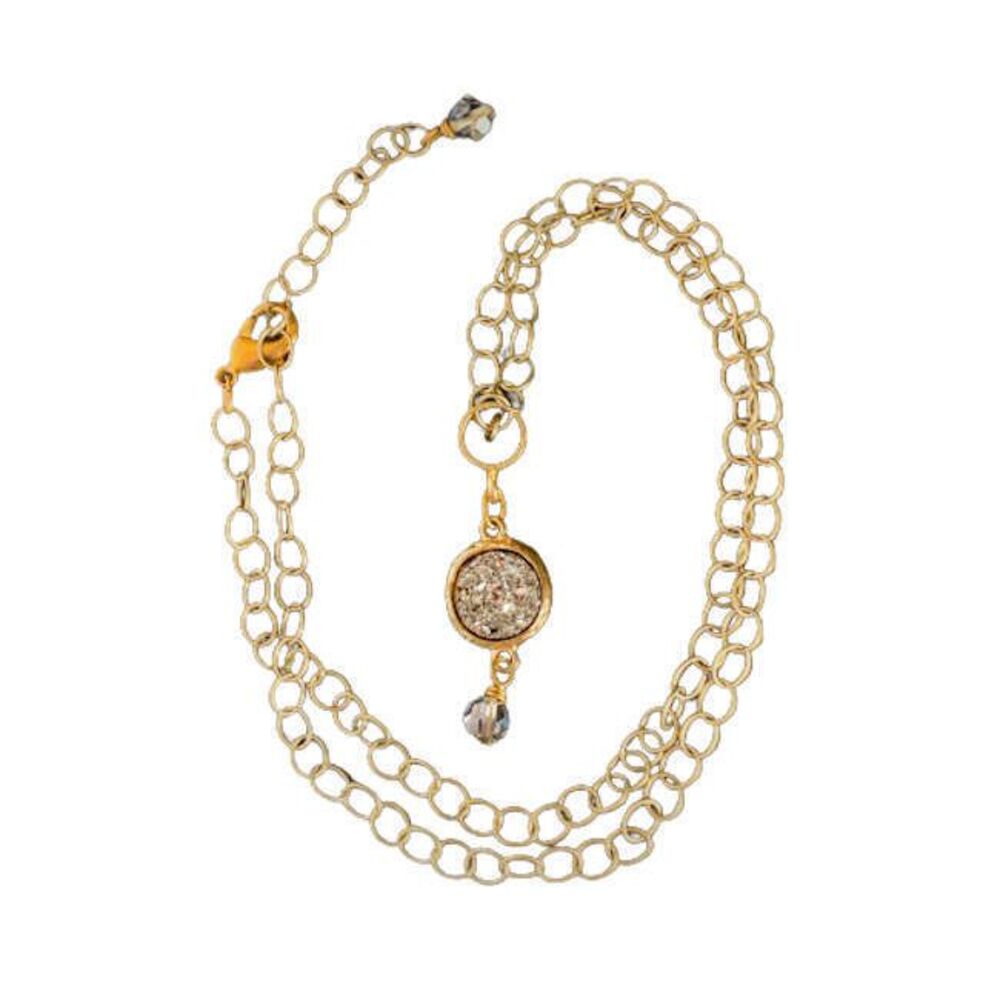 Sparkling Silver Druzy Necklace Crystal Pendant Long Gold Chain